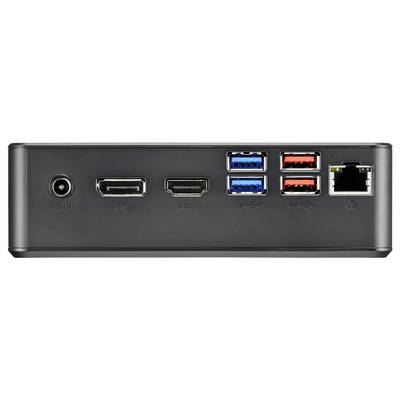 Back of a device with multiple ports: power socket, DisplayPort, HDMI, four USB ports (two blue, two red) and Ethernet port.