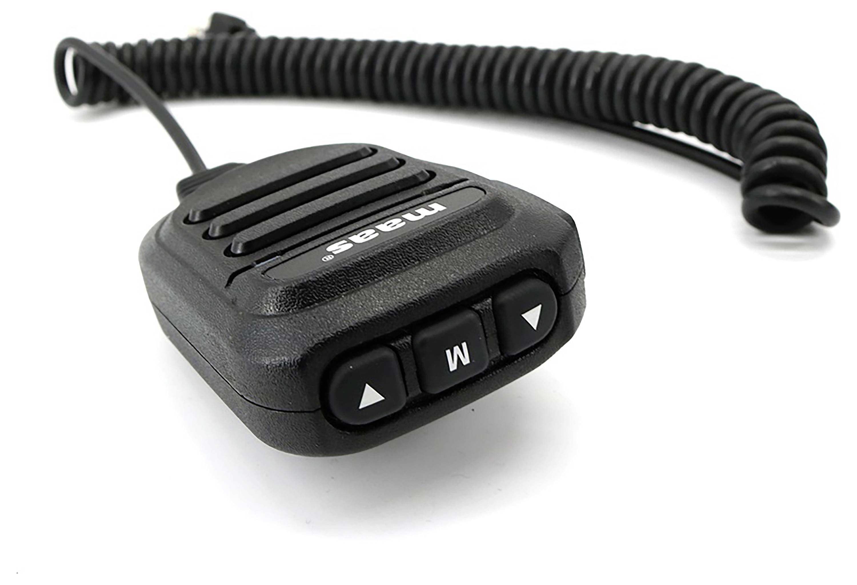 Hand microphone with three buttons and wavy line pattern, connected to a coiled cable.