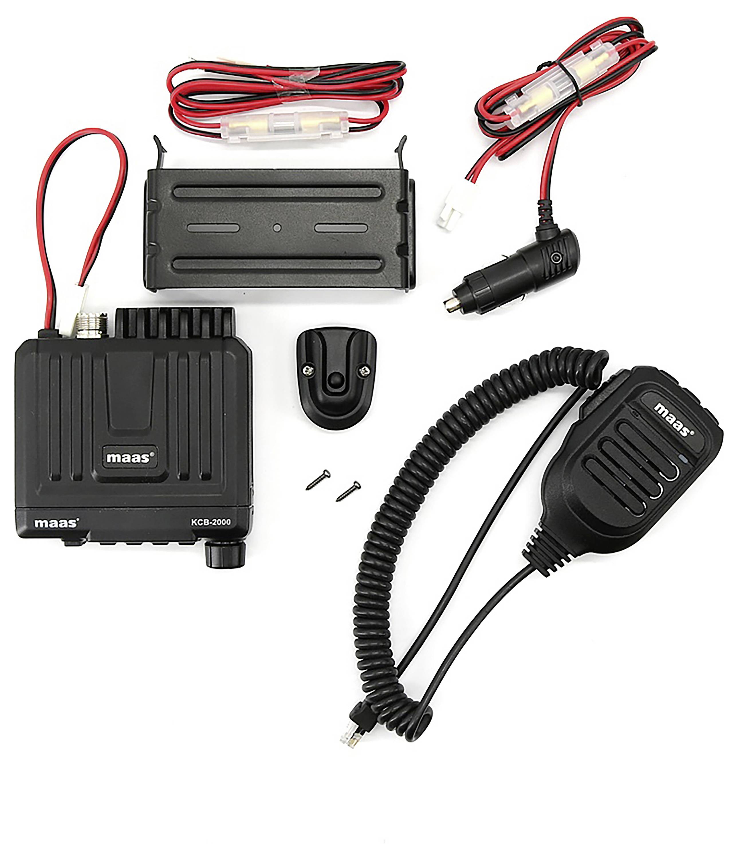 A CB radio set, comprising the main unit, microphone, power cables, and mounting accessories. Brand logo 'maas' on the devices.