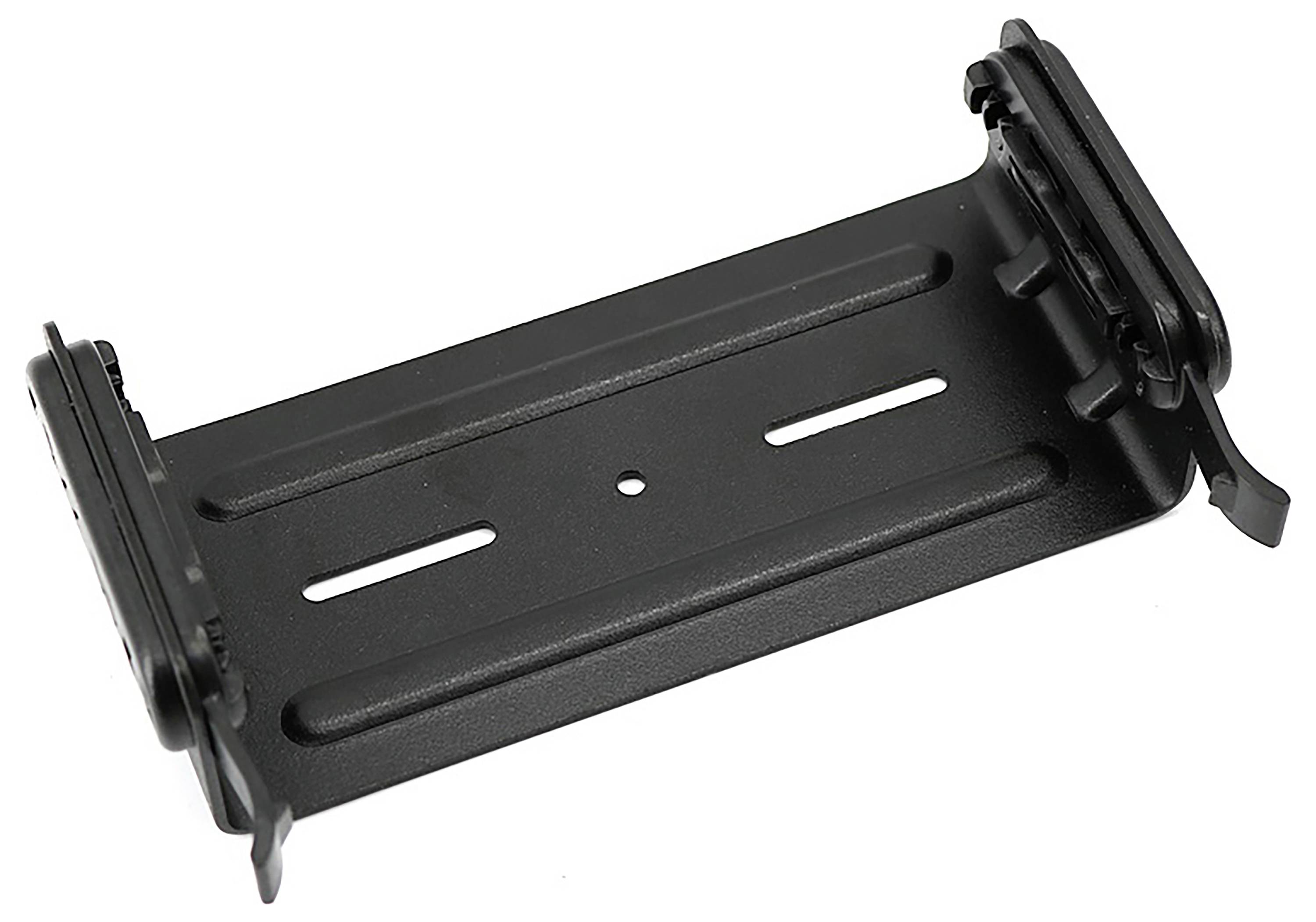 Black device holder with adjustable side clamps, suitable for mobile phones or small electronic devices.