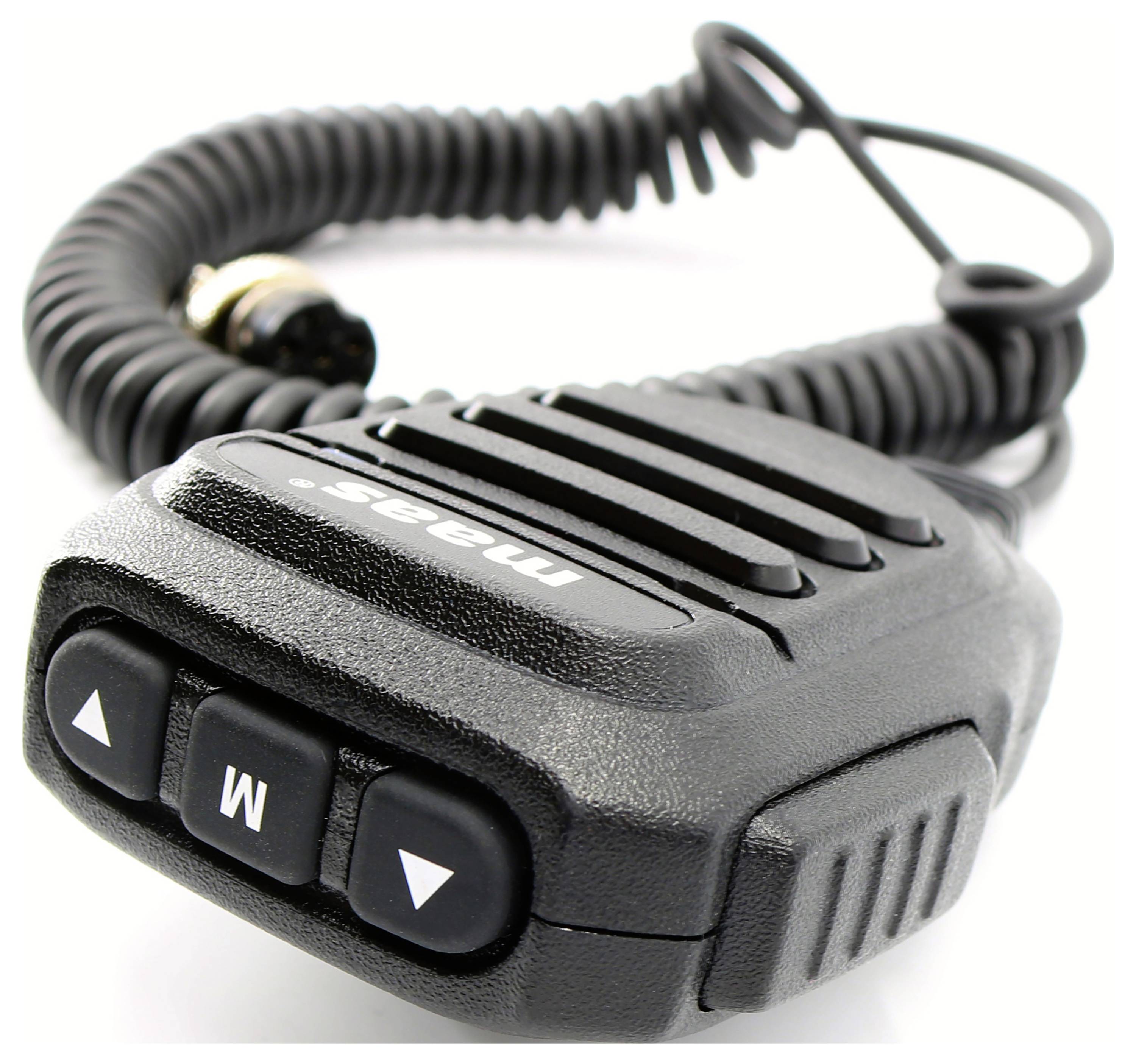 A black handheld speaker microphone with a coiled cable and buttons for voice control, suitable for radio devices.