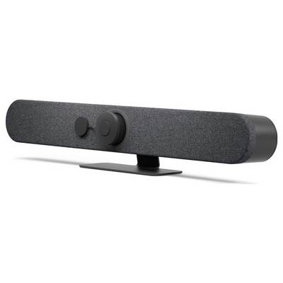 Black soundbar with textile surface, two visible buttons, and a flat stand. Fashionable and minimalist in design.