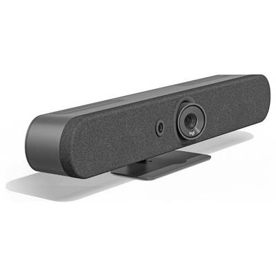Grey-black webcam on a stand with a central lens and microphone. Suitable for video conferences or online communication.