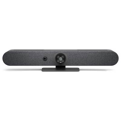 Black soundbar with an integrated camera lens in the centre and fabric-covered housing. Situated on a rectangular stand.