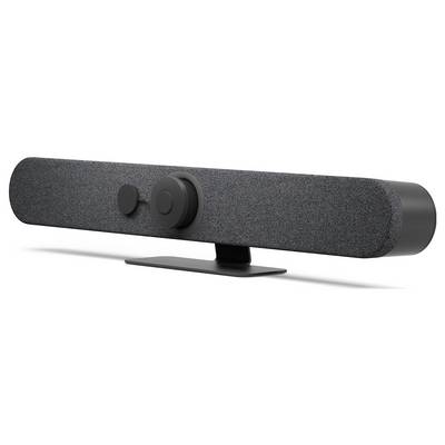 Grey soundbar with a rectangular design, fabric-like surface, and minimalist stand. It features a central privacy screen.