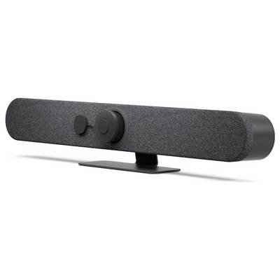Loudspeaker in a rectangular shape with fabric covering and a central control knob, mounted on a sturdy stand.