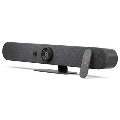 A long, grey video conferencing device with a camera in the centre and remote control beside it. Developed for professional meetings.