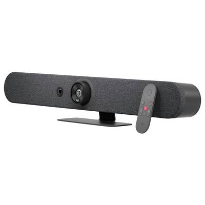 A grey video conference camera with integrated speakers and a detachable tripod. A remote control lies beside it.