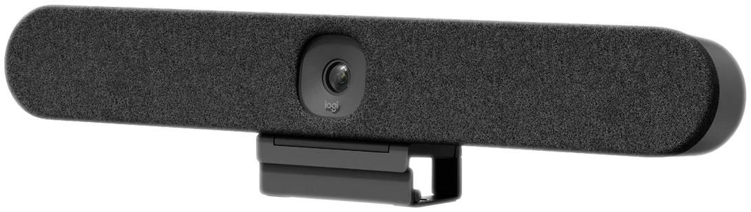A black soundbar with an integrated camera, mounted on a mounting system, suitable for video conferences.