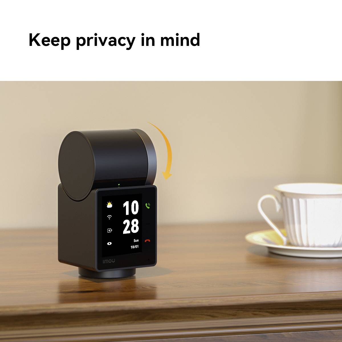 'Smart camera on table aiming towards white cup and saucer. Text: Keep privacy in mind.'