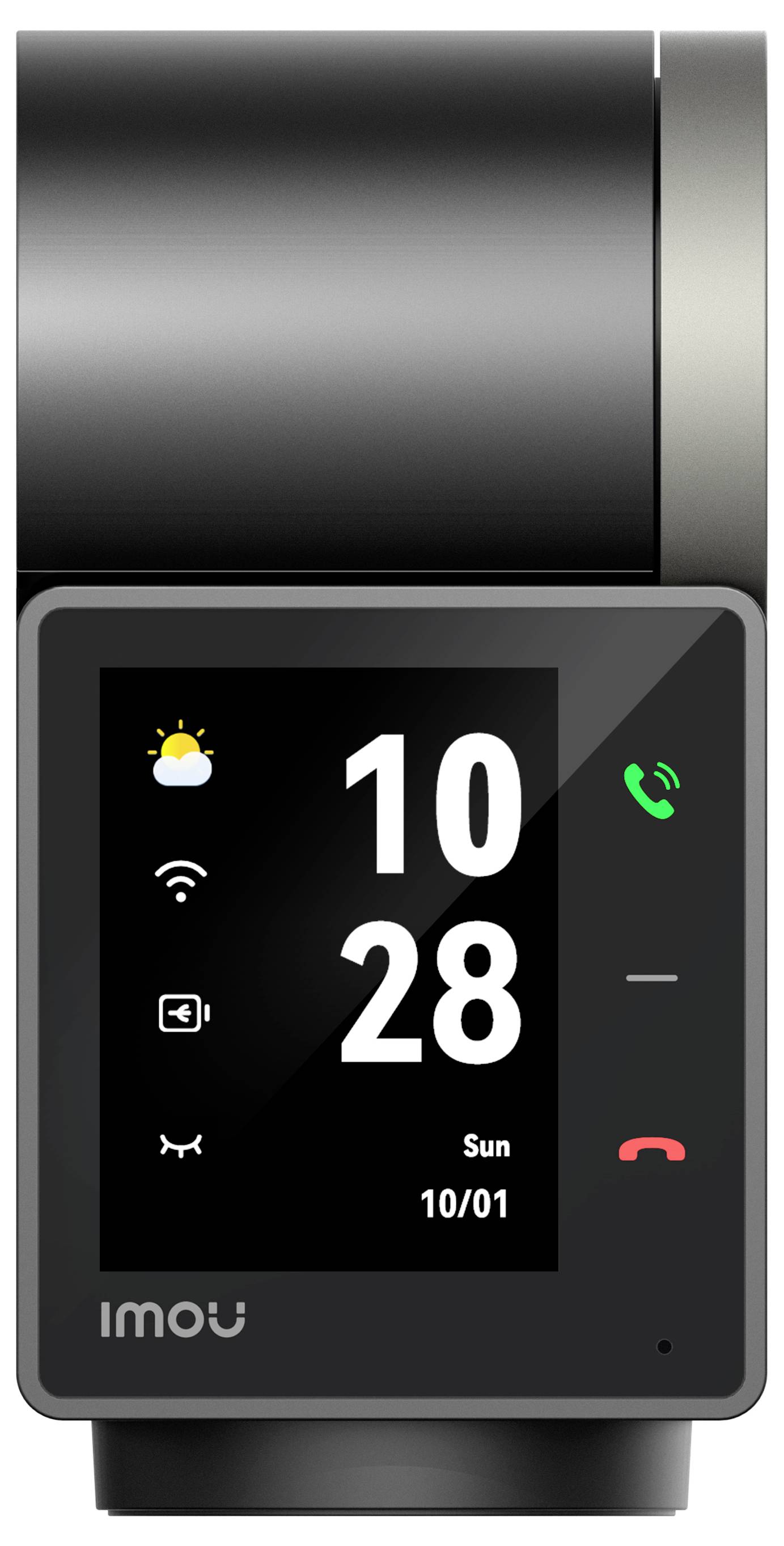 A black, modern, wall-mounted screen displays the time '10:28', date '10/01', weather, and symbols for Wi-Fi and calls.