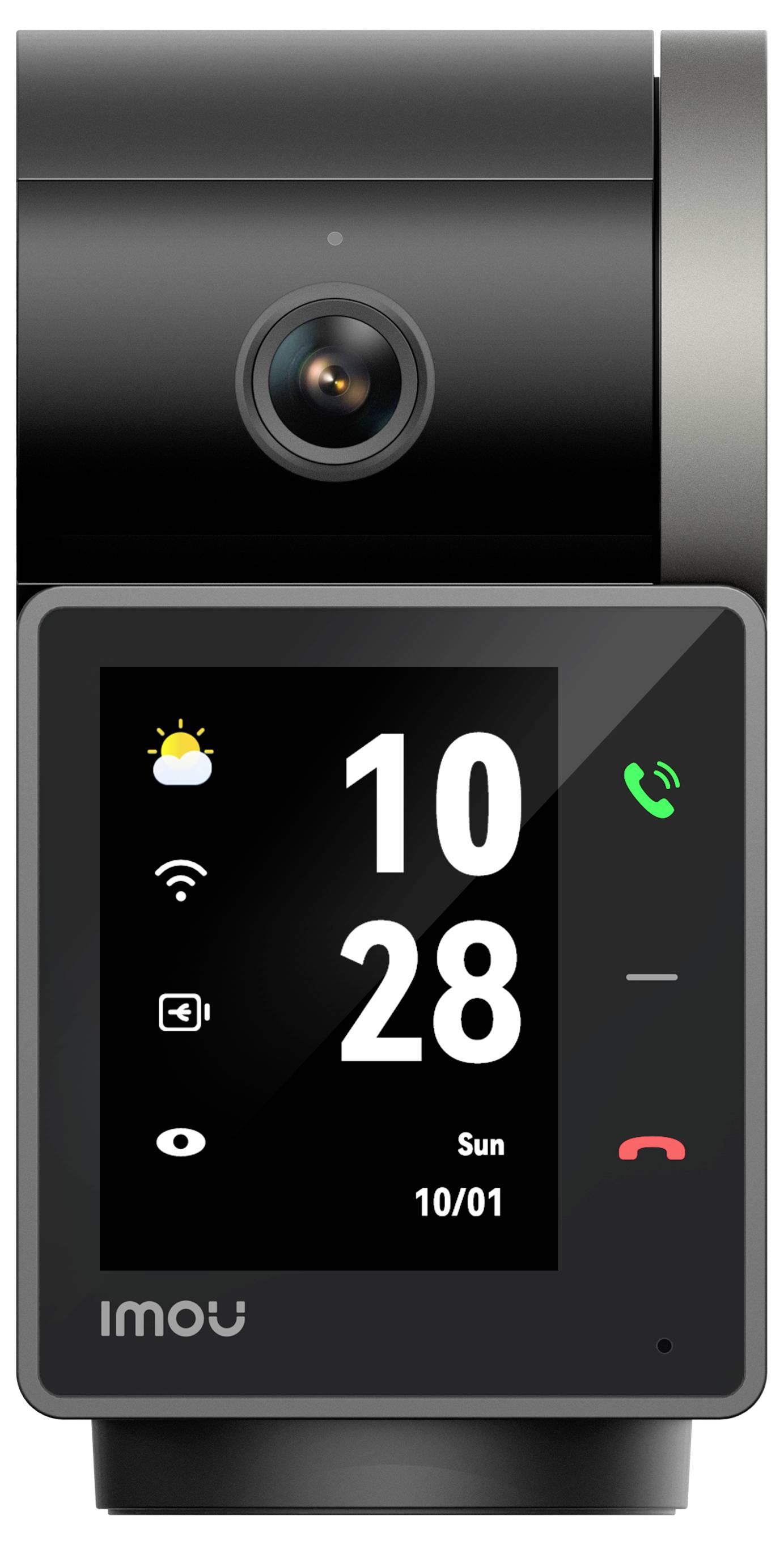 A black camera with a display shows the time as 10:28, the date as 10/01, with symbols for weather, calls, and Wi-Fi. The 'imou' brand is visible.