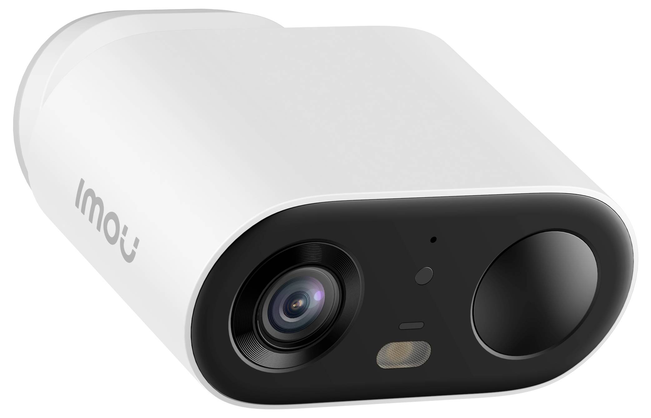 White security camera with a black front showing the lens and motion sensor. Camera by the brand 'Imou'.