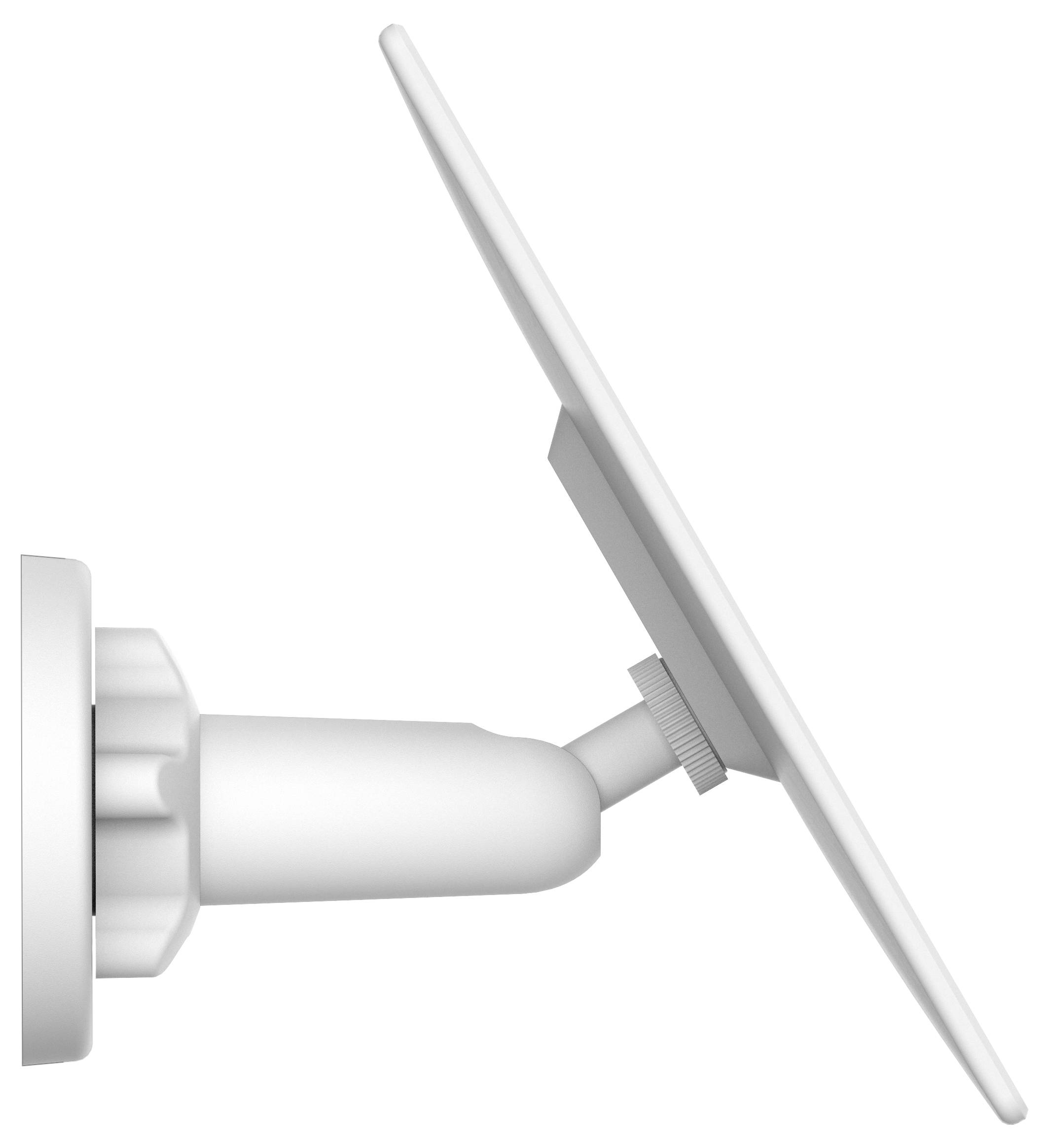 A white, rectangular antenna in side view, mounted on an adjustable bracket.