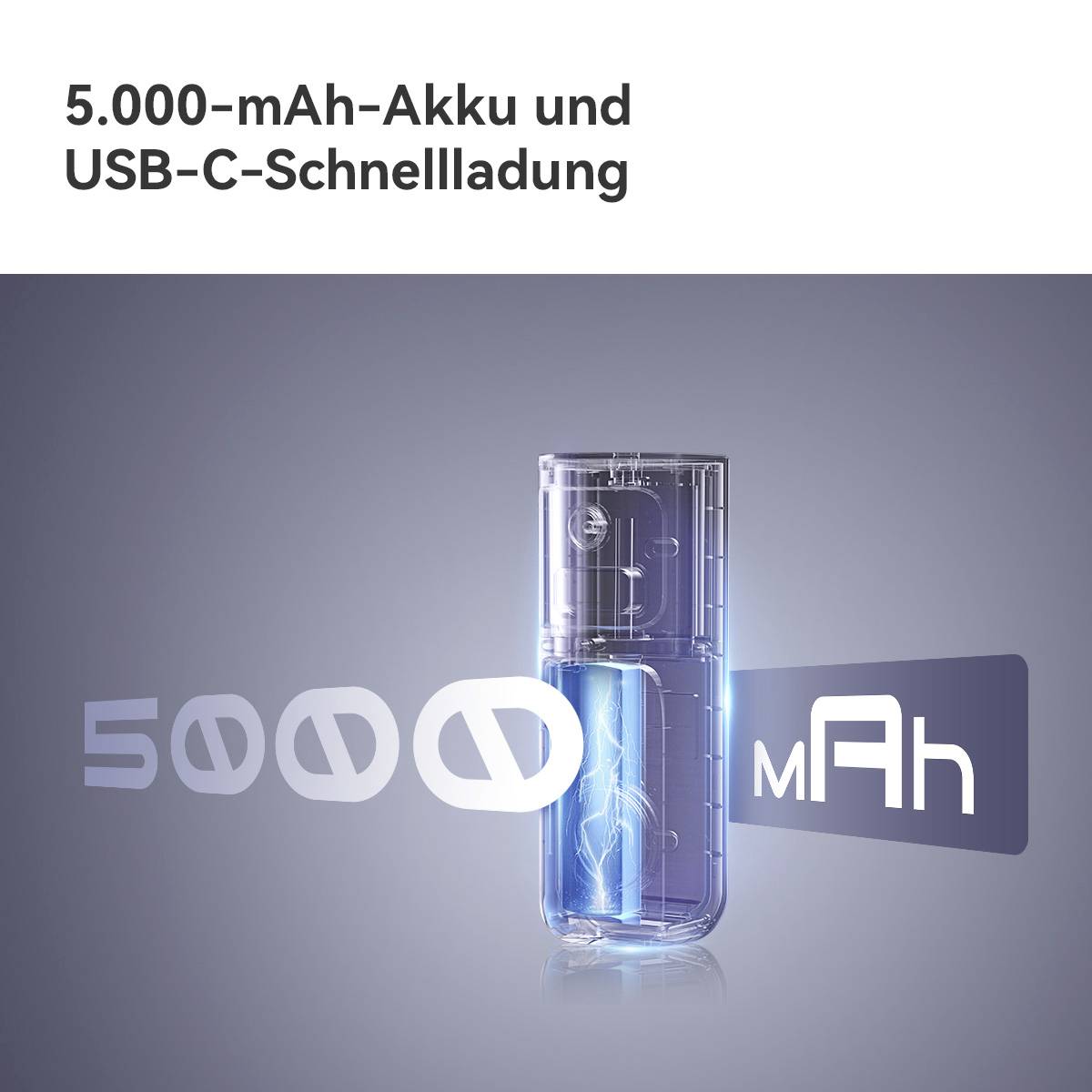 A bright 5,000 mAh battery with USB-C connection is highlighted. Text: '5,000 mAh battery and USB-C fast charging'