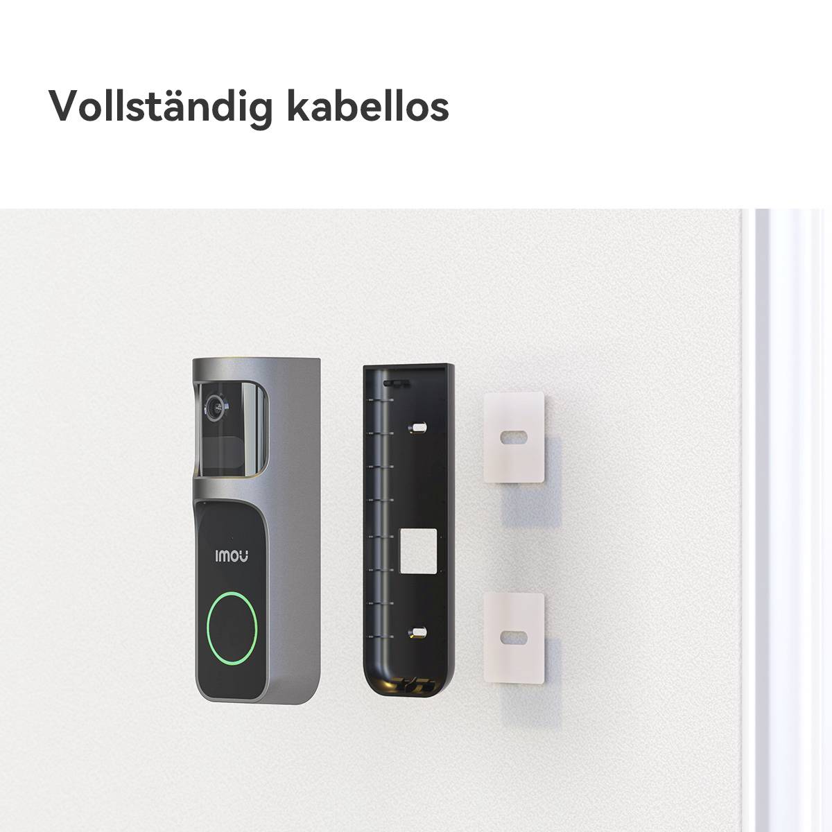 'Completely wireless' shows a modern doorbell with camera function, mounted next to a bracket on a white wall.