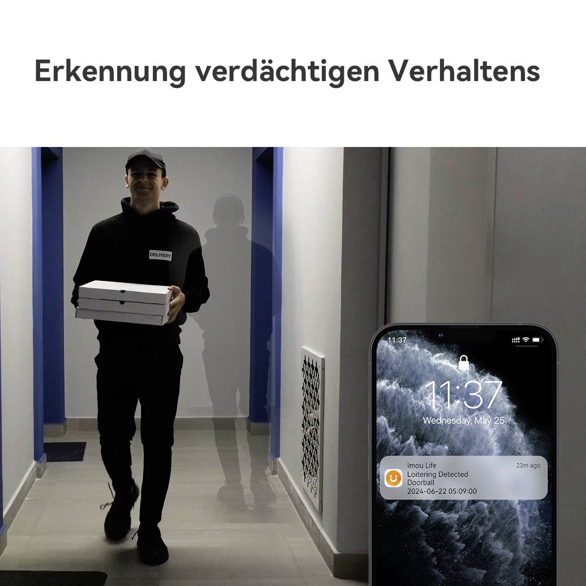 A man in dark clothing carries pizza boxes down a corridor. A mobile phone screen displays a notification about a suspected detection.