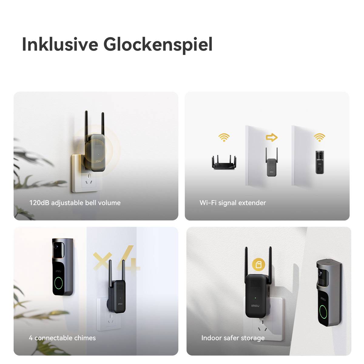 The image shows a video doorbell set with a 120dB bell volume, Wi-Fi extension, 4 connectable chimes, and secure indoor storage.