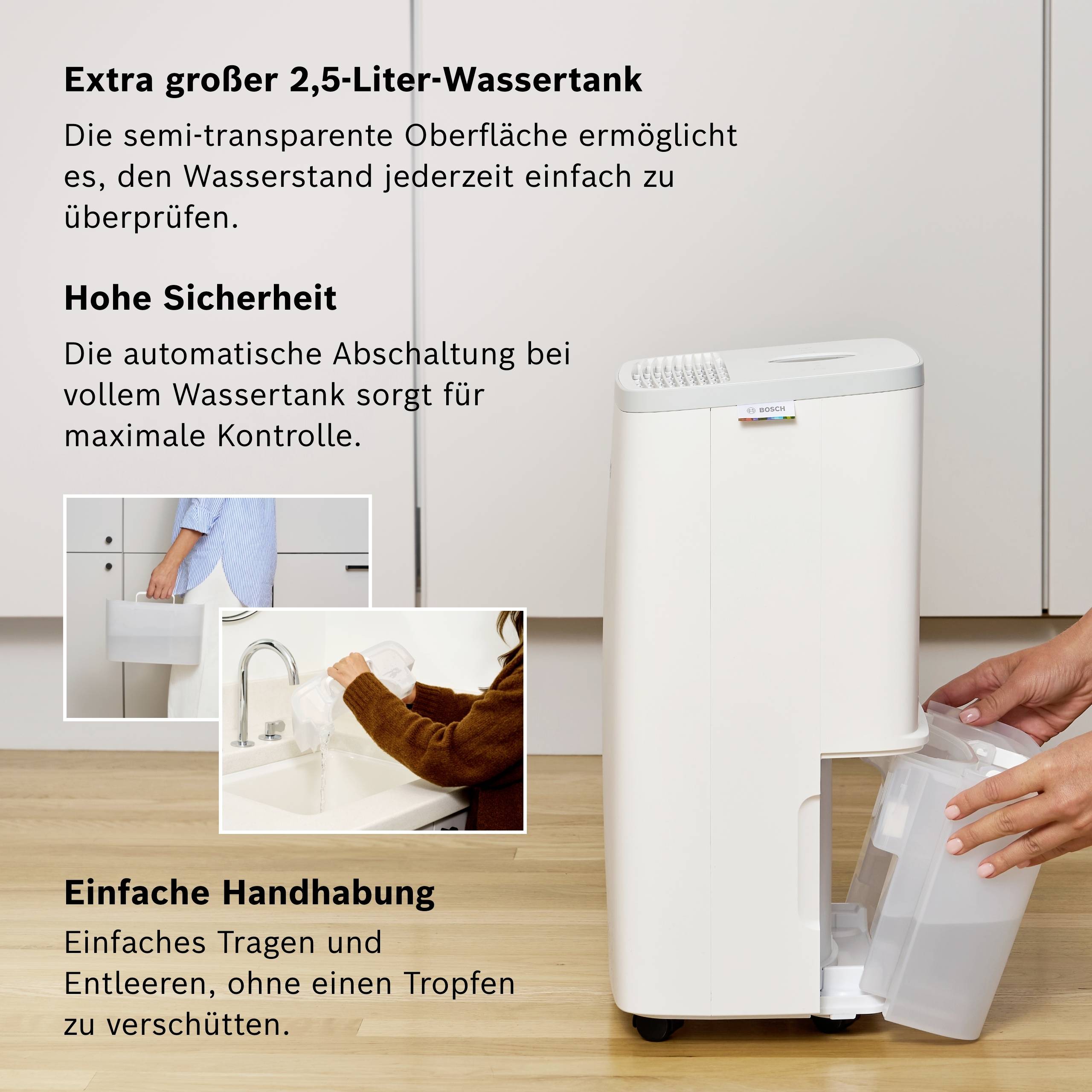 A white dehumidifier with a removable 2.5-litre water tank. One person is emptying the tank. Text describes safety features.