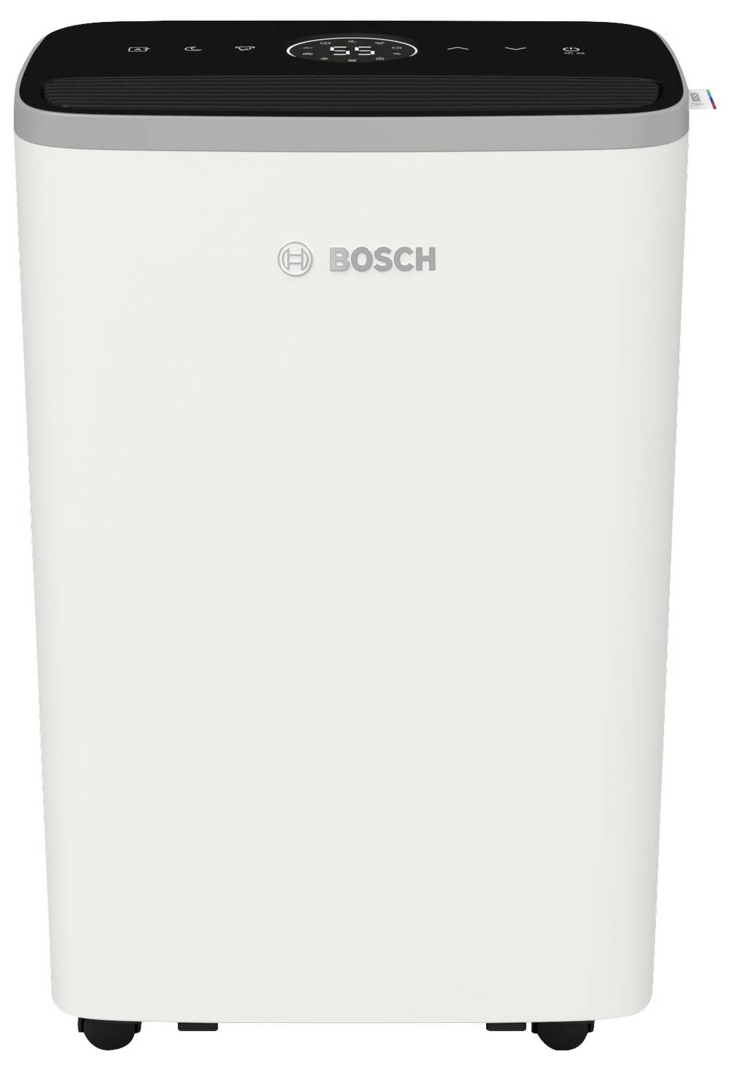 A portable air conditioning unit by Bosch in white, featuring a digital control panel on top and four wheels for easy mobility.
