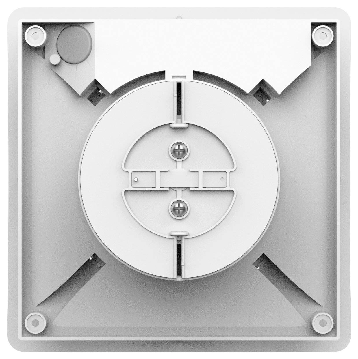 Square housing with circular insert for wall mounting, central device for screws, technical-industrial design.