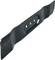 A black, curved lawnmower blade. It has three mounting holes in the centre.