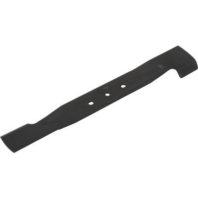 A black replacement lawnmower blade with two rounded ends and three mounting holes in the centre.
