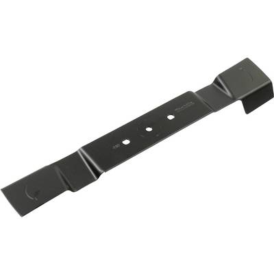 A black, rectangular metal component with holes, possibly a replacement blade for a lawnmower or similar equipment.