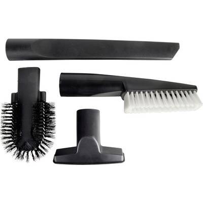 Four different vacuum cleaner nozzles on a white background: a crevice tool, a brush nozzle, an upholstery tool, and a carpet brush.