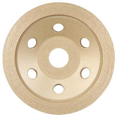 A gold-coloured grinding disc with six symmetrically arranged holes and a textured grinding edge.