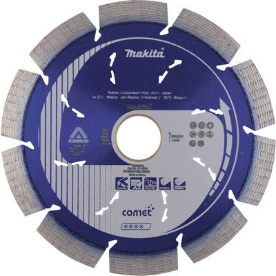 Makita diamond saw blade, blue, with teeth, suitable for concrete and masonry, 'makita' and symbols printed.