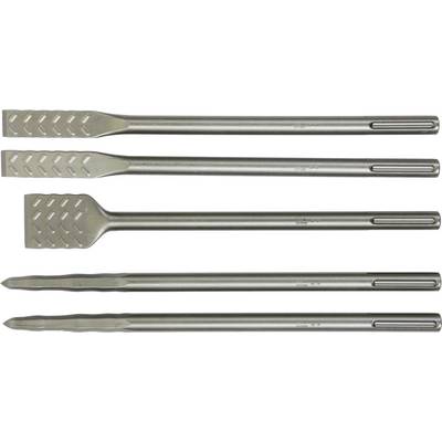 Five different chisels for drills: two pointed chisels, two flat chisels and one tile chisel, all manufactured from metal.