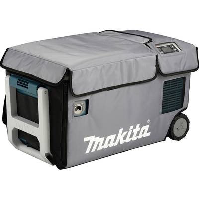 Grey portable cool box by Makita with wheels and handle, suitable for camping or travelling, featuring a digital control panel.