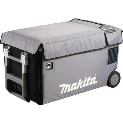 Cool box with grey cover, 'Makita' brand logo visible, mounted on wheels with extendable handle.