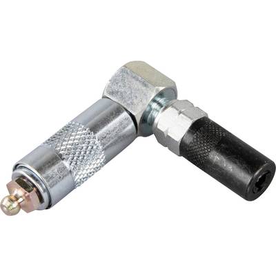 Metallic angle valve with two differently coloured connections, suitable for hydraulic systems.