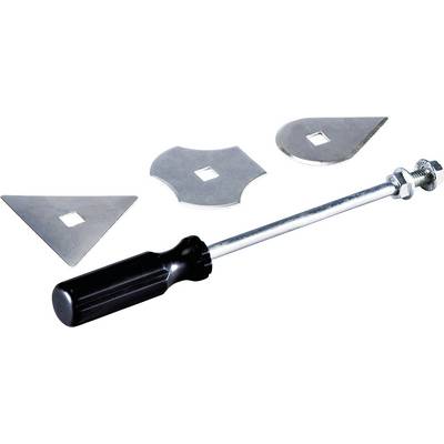 A black handle with a shaft, featuring three interchangeable metal blades in different shapes: triangle, square, and rounded.
