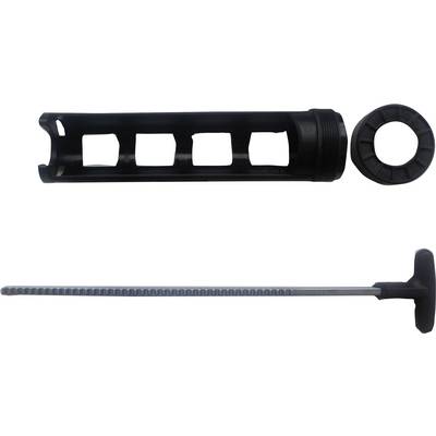 Black, cylindrical tool with square openings and a matching attachment beside a long, ridged rod.