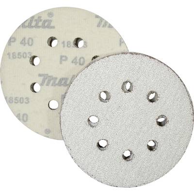 'Grinding discs with multiple holes for dust extraction; suitable for grinding machines, grit P40; white abrasive surface.'