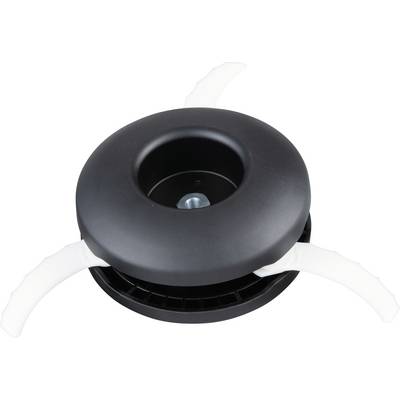 A black lawnmower spool with three protruding white blades.