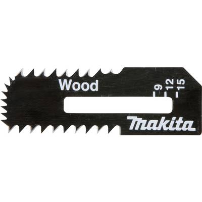 Black and white saw blade template with teeth, labelled 'Wood' and scale from 9 to 15, 'Makita' brand name in bottom right.
