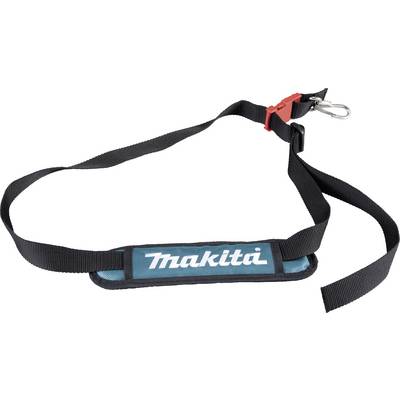 A black carry strap with a blue pad displaying the 'Makita' logo in white. It features a red fastener and a carabiner hook.