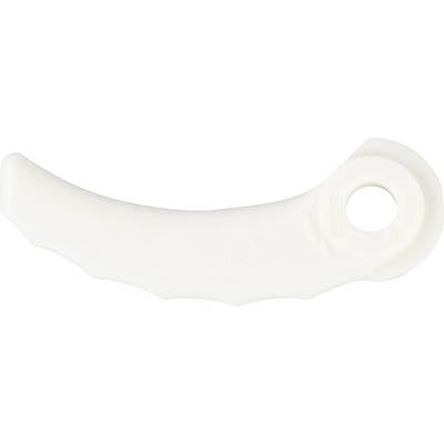 A white plastic component with a curved shape and a round hole at the right end.