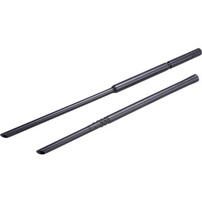 Two black, slender metal tubes of different lengths lie side by side. They have smooth surfaces and are cylindrically shaped.