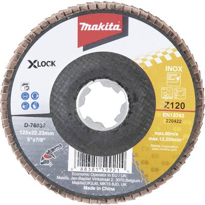 Makita grinding disc, XLOCK INOX model, 120 grit, 125 mm diameter, manufactured in China for the European and UK market.