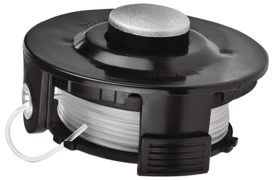 A black and silver spool assembly with visible white line, used for a trimmer or lawn equipment.