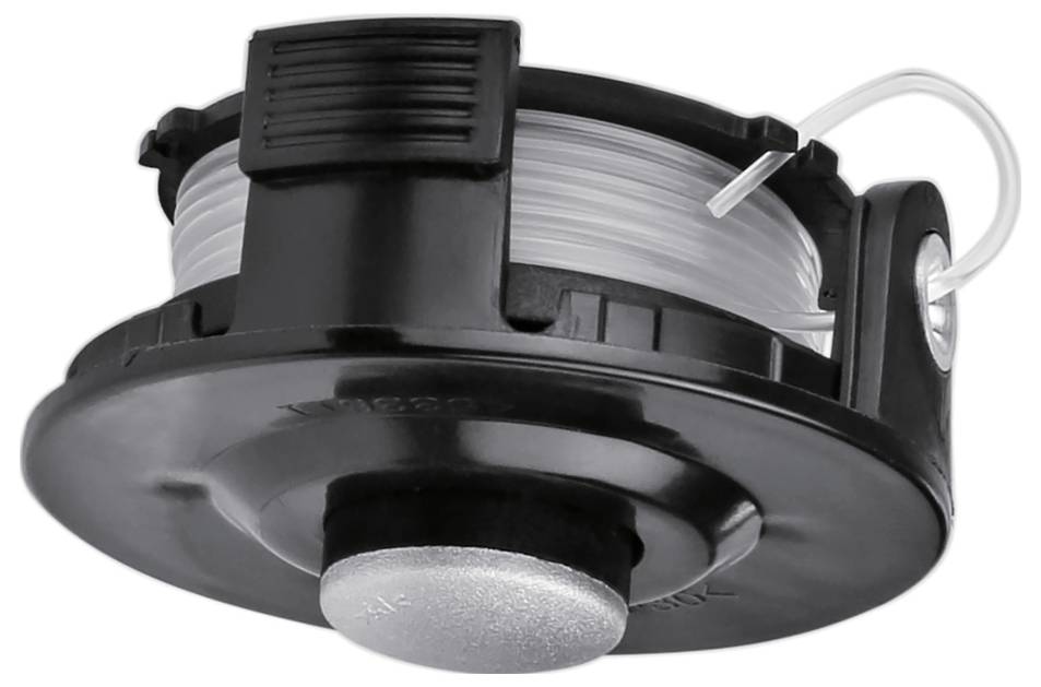 A black spool with coiled white wire, designed for automatic feeding in a string trimmer.