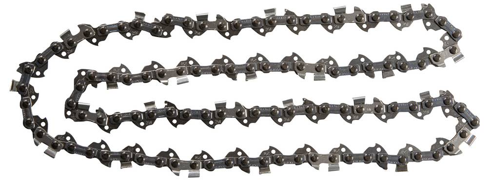 A metal chain saw blade laid out flat, showing sharp, evenly spaced teeth designed for cutting through wood or other materials.