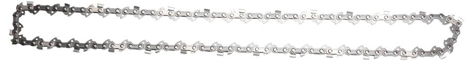 A metallic chainsaw chain with evenly spaced, sharp cutting teeth is laid out in an elongated oval shape.