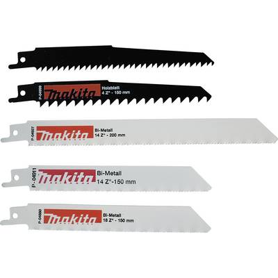 Five saw blades: top black wooden blade 42-150 mm, bottom four Bi-Metal blades of varying lengths from Makita.