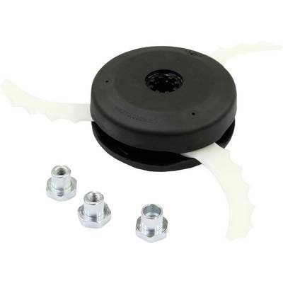 A lawn trimmer head with two blades and three metal nuts. Primarily used for cutting grass or weeds.